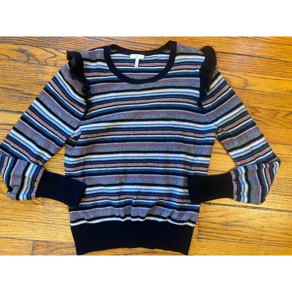 Joie Cais Cashmere Wool Blend Striped Metallic Ruffle Women's Knit Sweater sz L - Picture 1 of 10